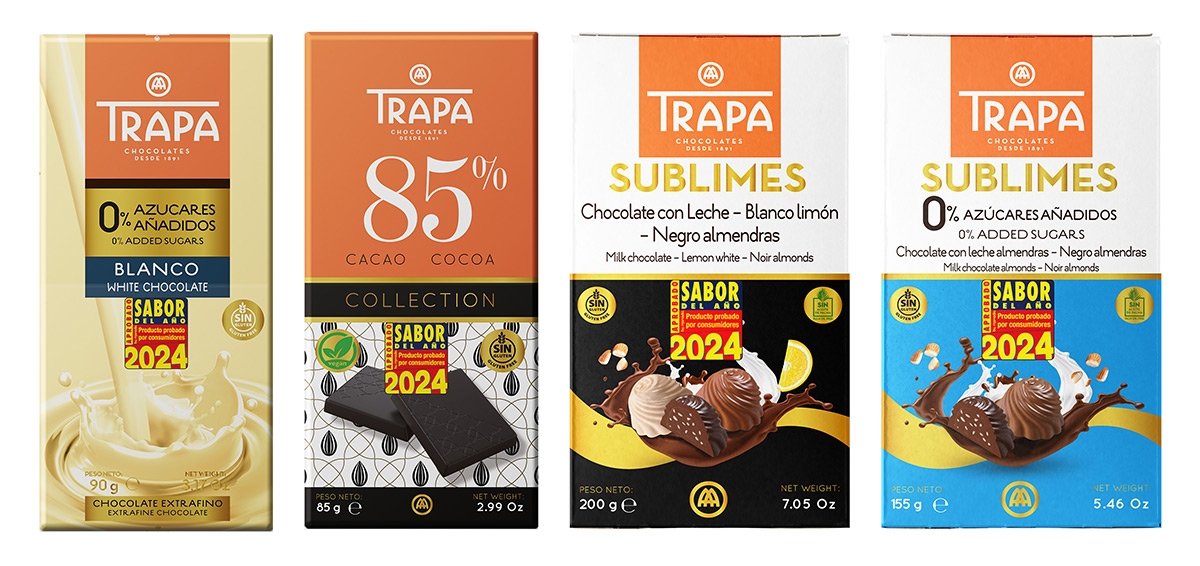 CHOCOLATES TRAPA OBTIENE EL SELLO ‘SABOR DEL AÑO 2024’ PARA CUATRO DE SUS PRODUCTOS: TRAPA SUBLIMES, TRAPA SUBLIMES 0 % AZÚCARES AÑADIDOS, TABLETA COLLECTION 85 % CACAO Y TABLETA CHOCOLATE BLANCO  0 %