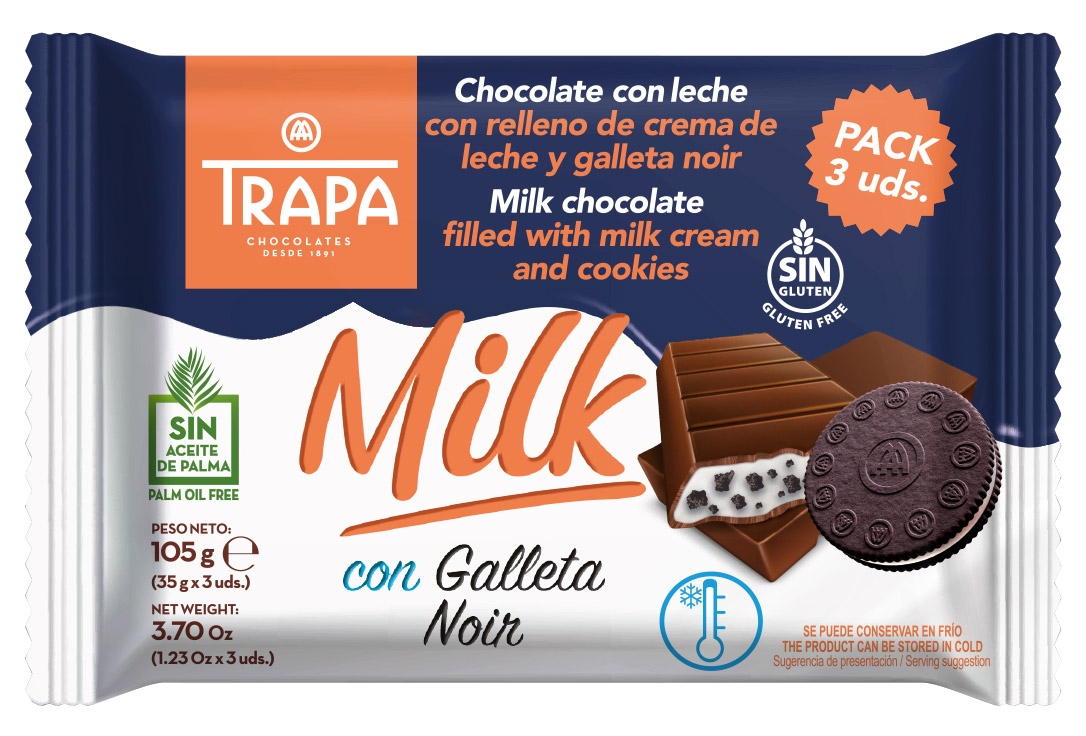 CHOCOLATES TRAPA PRESENTA TRAPAMILK CON GALLETA NOIR